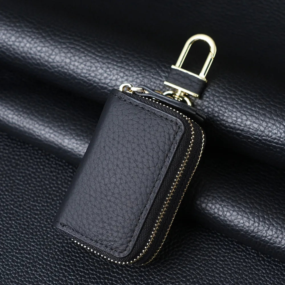 Unisex Double-layer Car Key Bag Lychee Pattern Leather Protection Zpaxo Black