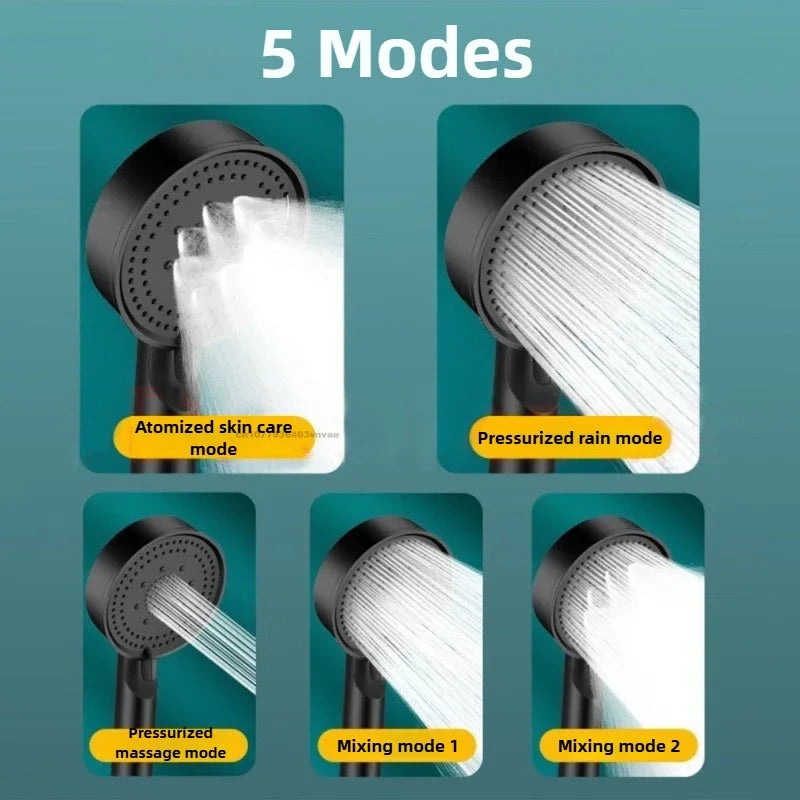 Black 5 Modes Shower Head Adjustable High Pressure Water Saving Shower Head Water Massage Shower Head Bathroom Accessories Zpaxo