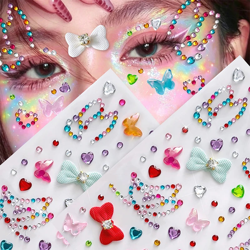 3D Diamond Face Tattoo Stickers Colorful Glitter Crystal Eye Makeup Diamond Stickers DIY Self-Adhesive Butterfly Rhinestones Zpaxo