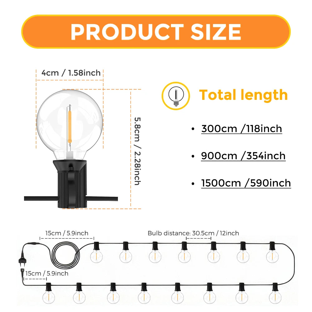 30M 15M 9M G40 LED Globe String Lights Outdoor EU Plug Bright Plastic Zpaxo G40 String light EU 15m 50bulbs