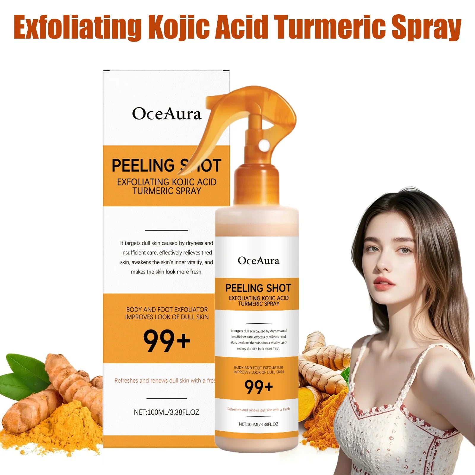 OceAura Kojic Acid Turmeric Exfoliating Spray | Body Peel 100ml Exfoliating Body Spray Zpaxo
