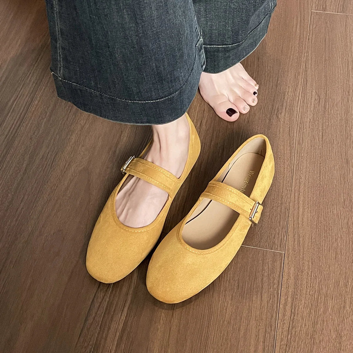 French Flat Shoes Women's Spring and Autumn Ballet Shoes Pink Round Toe Suede Mary Jane Plus Size Women's Shoes Ladies Zpaxo