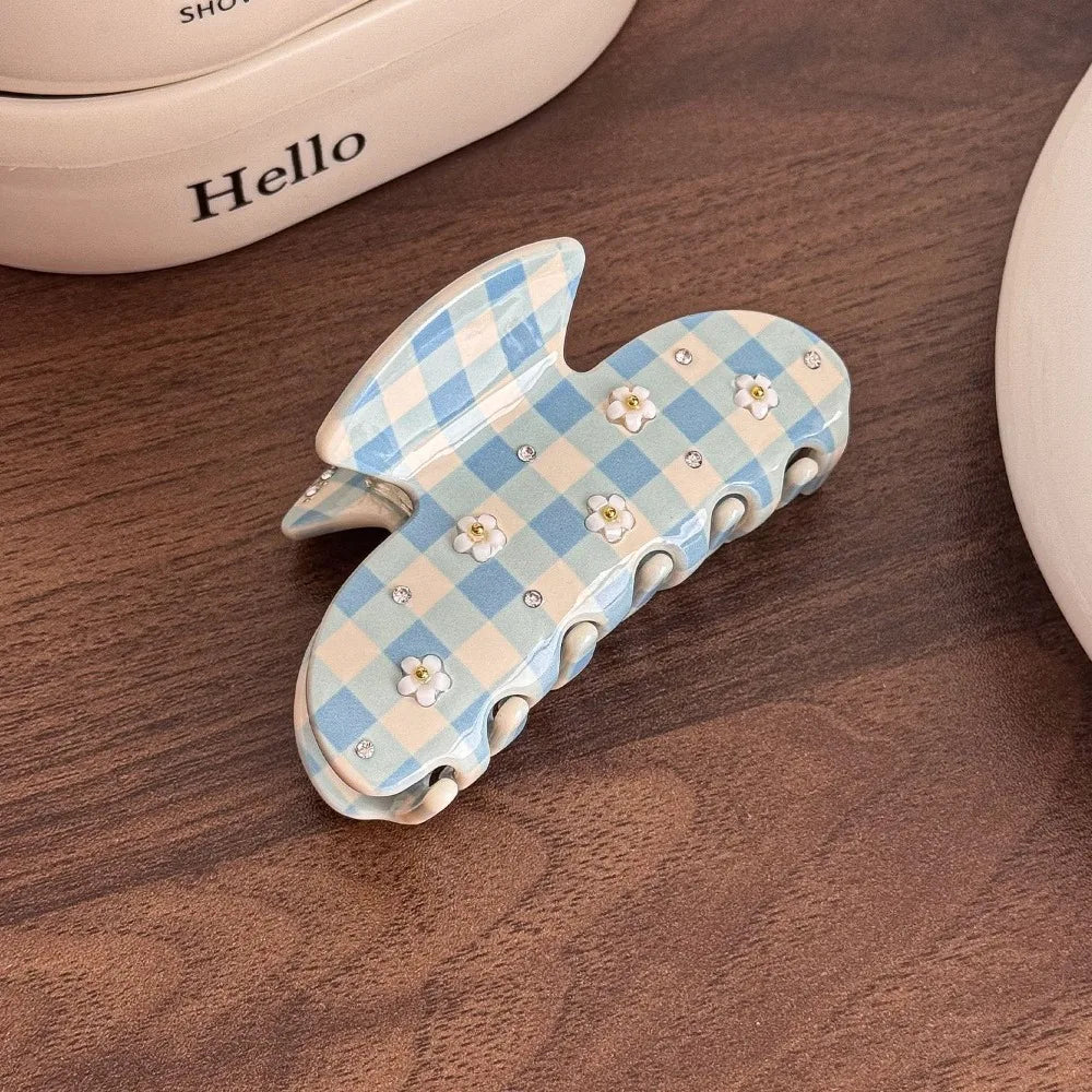 New Diamond-Studded Acetate Hair Claw Butterfly Shape Floral Pattern Hair Clip Sweet Style Elegant Shark Clip Back-Head Updos Zpaxo Blue Grids
