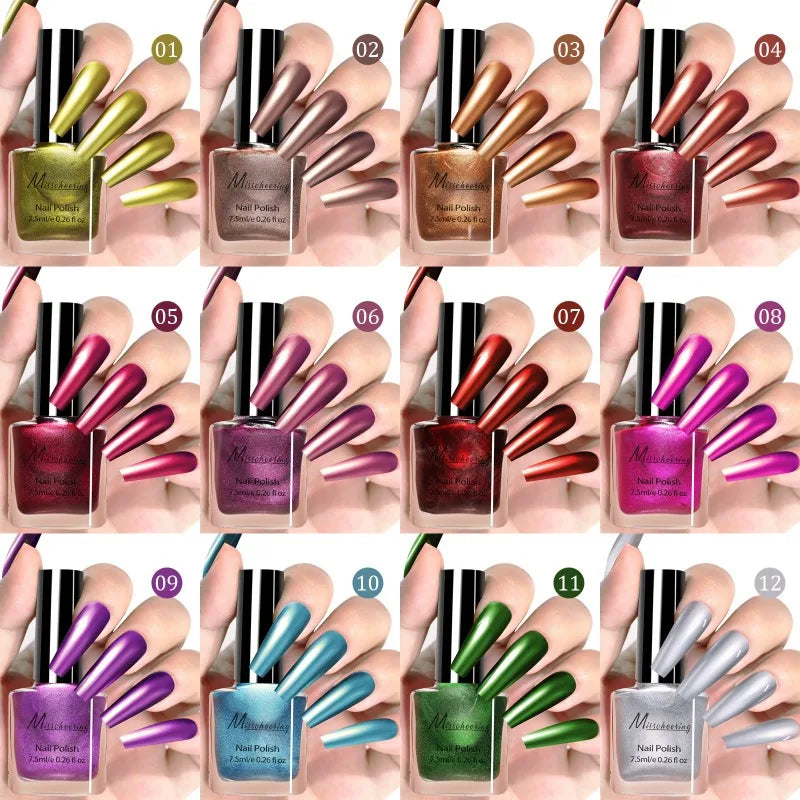 12 Colors Metal Mirror Effect Nail Polish Lasting Quickly Drying Art Zpaxo