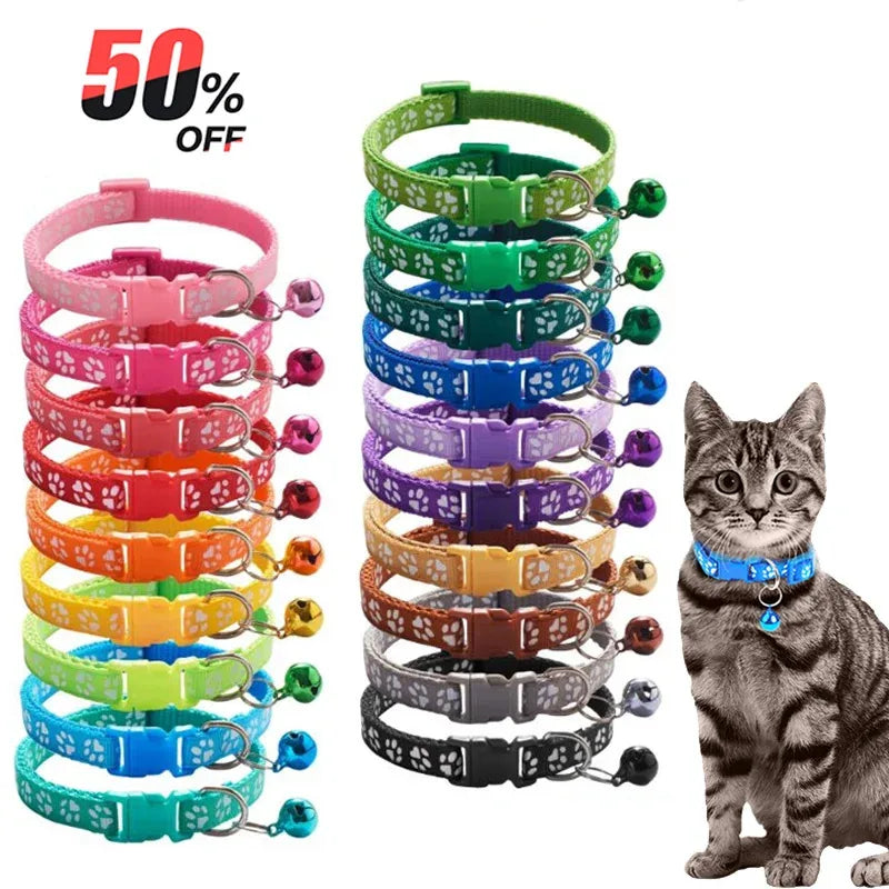 Adjustable Pet Collar with Bell & Paw Print | Cat & Small Dog