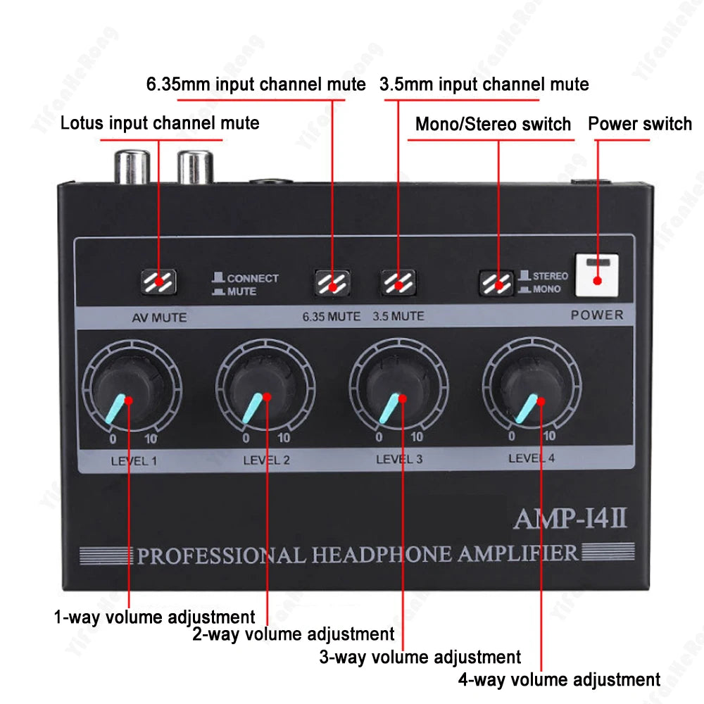 4 Channel Professional Headphone Amplifier Support Mono/Stereo Audio Amp with RCA & 3.5mm & 6.35mm Input for Studio and Stage Zpaxo