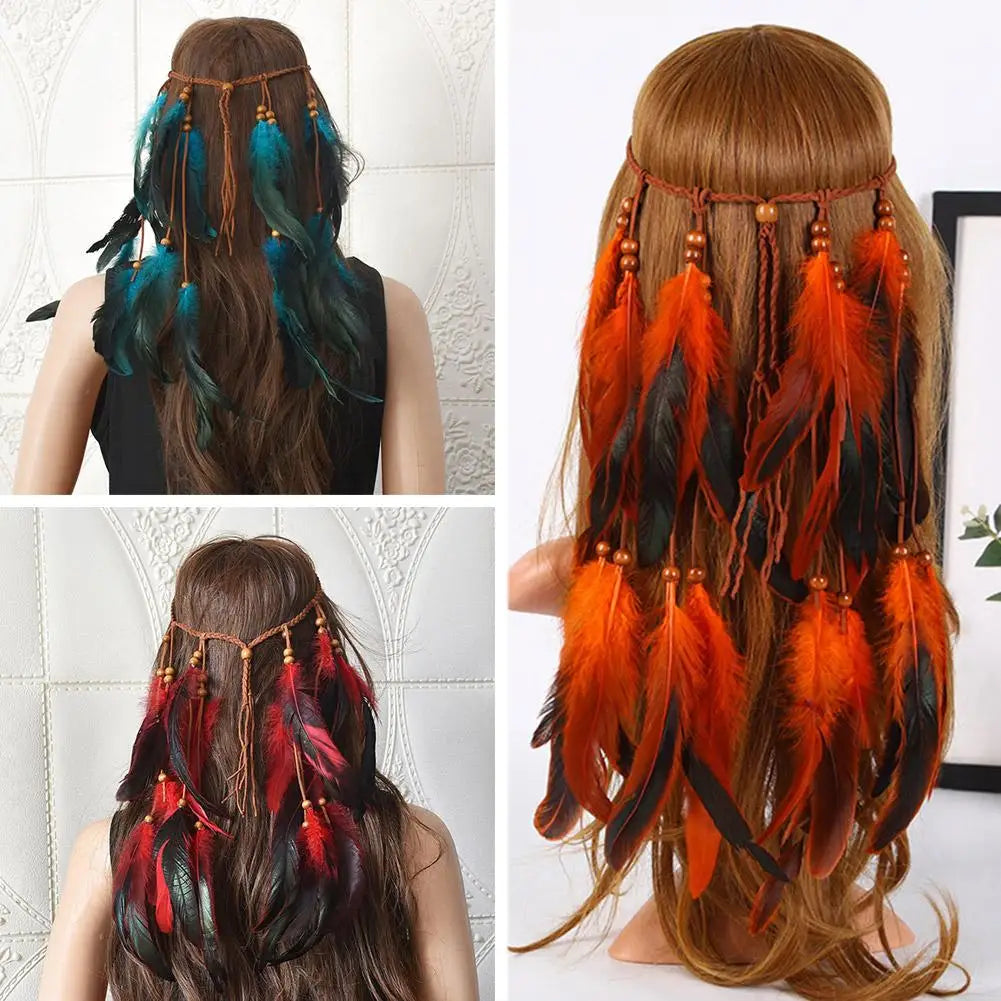 Bohemian Feather Hairband Women's Festive Masquerade Carnival Hippies Costume Indian Prom Gypsy Long Tassel Hair Accessories Zpaxo