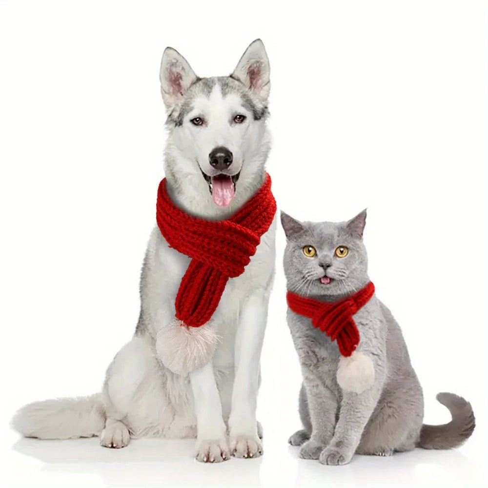 Dog Knitted Scarf Red Knit Scarves Pompom Neck Warmer Bandana