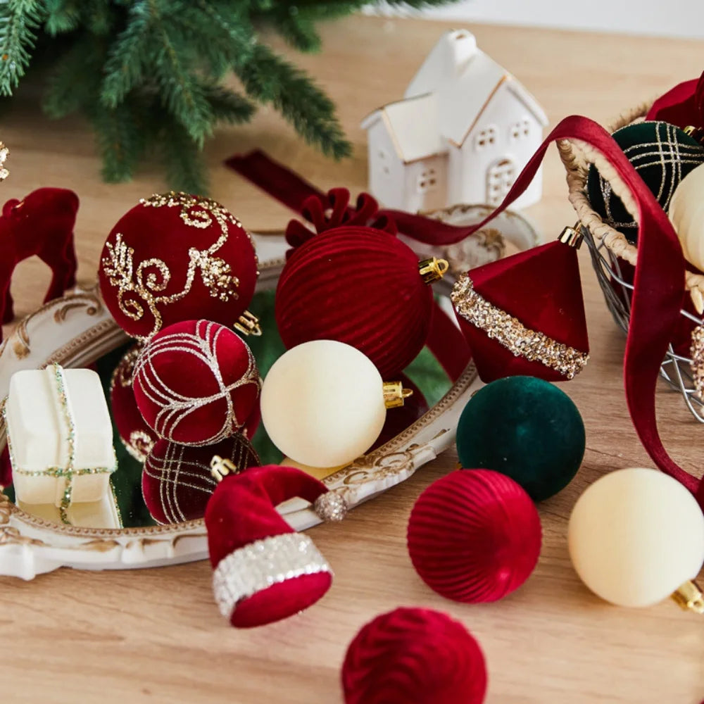Flocked Wine Red Christmas Ball Ornaments – Elk Wreath Pendant Christmas Tree Ornament Zpaxo