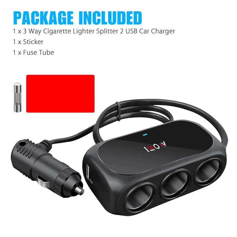 3 Socket Car Cigarette Lighter Splitter Dual USB LED Fast Charger