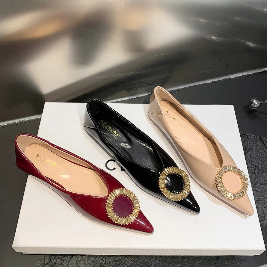 Flat Shoes for Women Spring and Autumn Shiny Patent Leather Shallow Mouth Pointed Metal Rhinestone Buckle Ladies Shoes Women Zpaxo