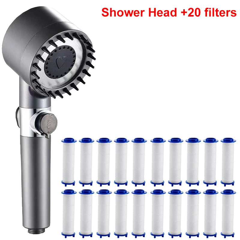4 Modes Showerhead Pressure Shower Head Water Filtration Massage Zpaxo Grey and 20 Filters