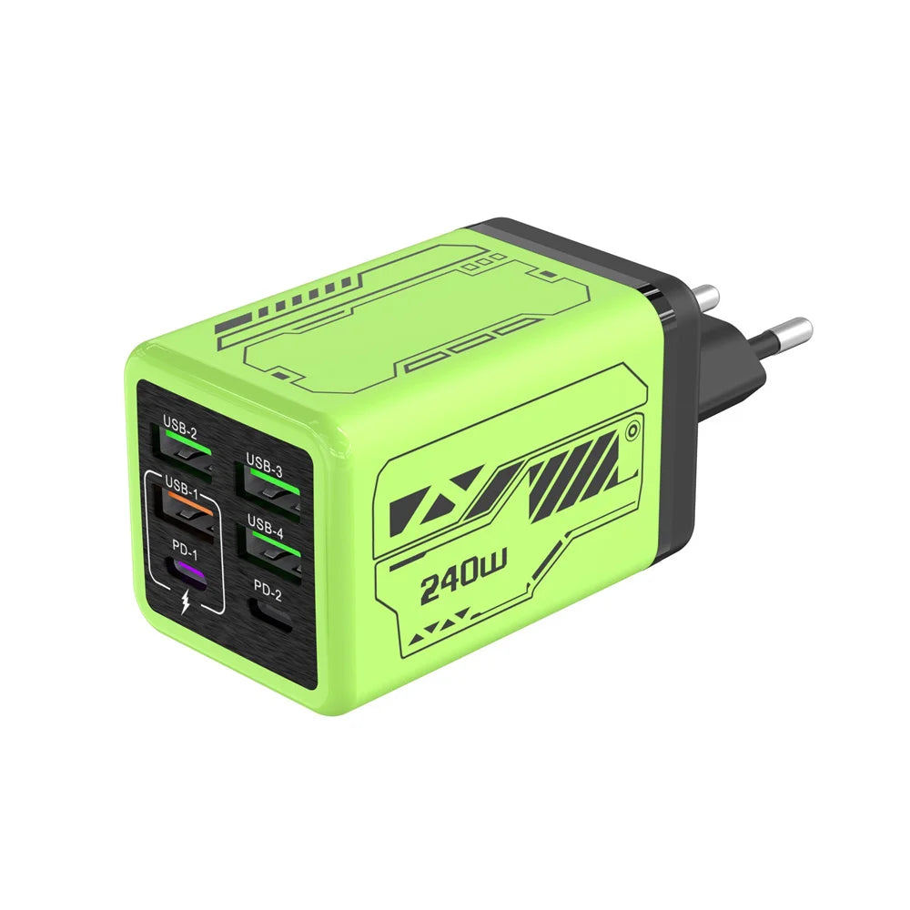 6 in 1 240W USB C Charger PD Fast Charging Mobile Phone Charger Adapter Quinck Charge 3.0 Wall PD USB Type C Charger Zpaxo EU Green