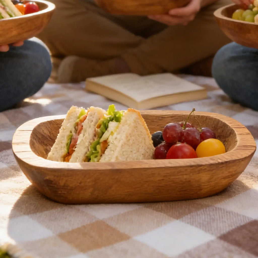 Wooden Decorative Bowl Handcrafted Bread Tray Bohemian Rustic Candle