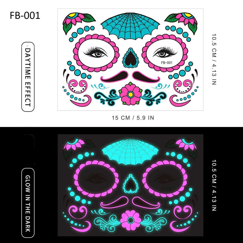 Halloween Halloween Face Tattoo Sticker Temporary Skin Tattoo for Party Festival Makeup Tattoo Glow in The Dark Body Sticker Zpaxo fb-01