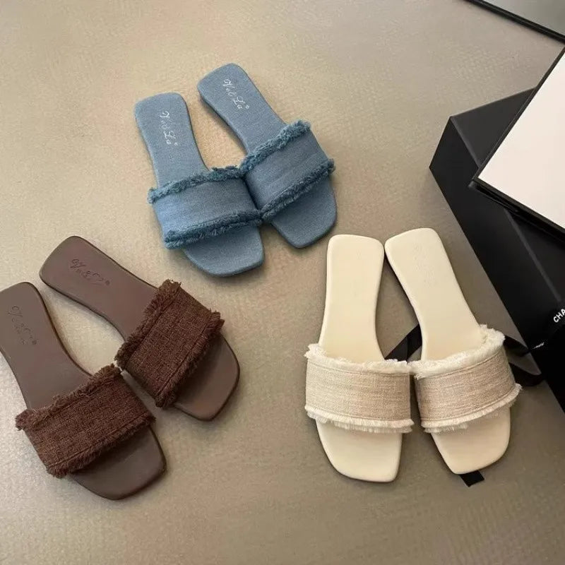 Women's Slippers Solid Color Open-toe Set Foot Vacation Beach Flat Sandals Casual Flip Flops Summer Indoor Women Slides Shoes Zpaxo