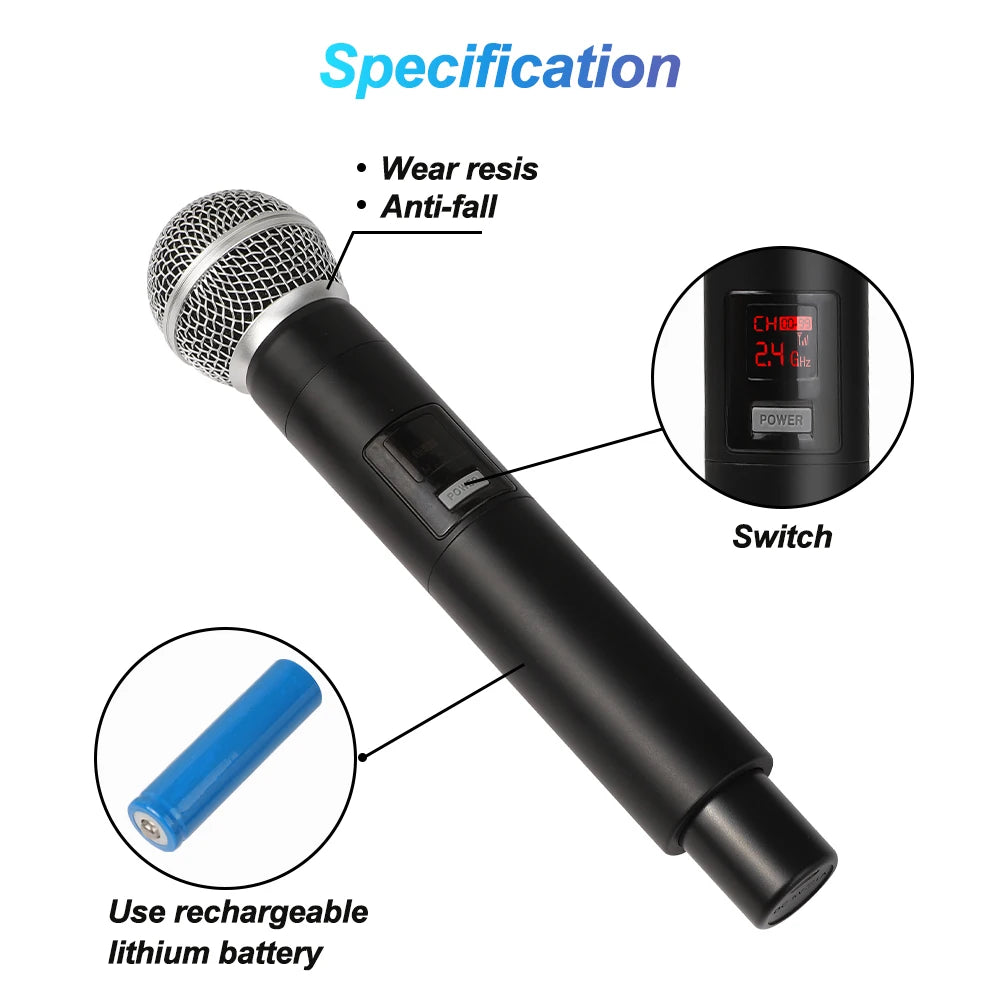 Wireless Microphone UHF Fixed Frequency 2 Channels Handheld Mic