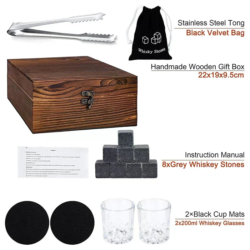 Father'S Day Gift For Men Whiskey Stones Set 8 Pcs Granite Ice Cubes+ 2 Pcs Cups For Whisky In Wooden Bottle Box Present For Dad Zpaxo