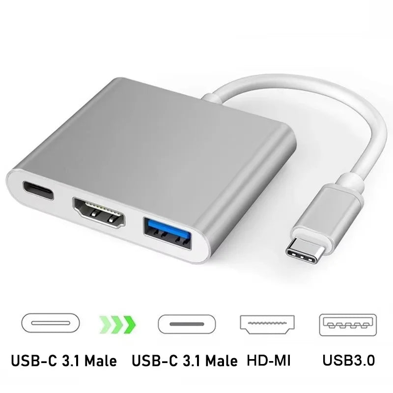 3 In 1 USB-C Usb Hub Male To Female HDMI-compatible 4K Usb 3.1 Type-C To Usb 3.0 Charging Adapter For Macbook Laptops Converter Zpaxo