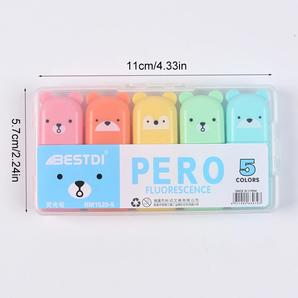 4/5/6Pcs Bear Mini Highlighter Pens Macaron Colors Chisel Tip Scrapbooking Marking Students School Office Supplies Zpaxo 5Pcs Kit
