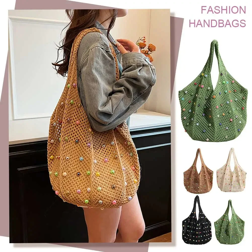 Women Boho Crochet Bag Colored Beads Aesthetic Knit Large Capacity