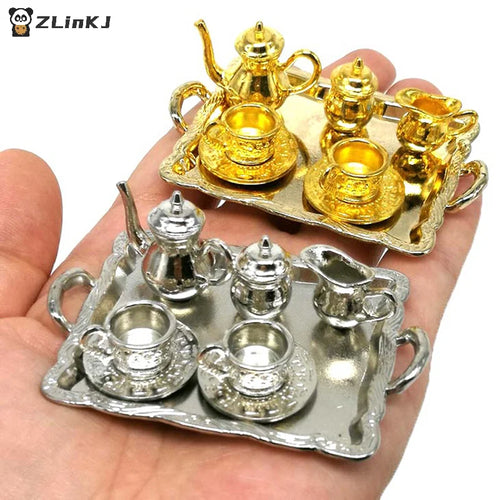 ▶10Pcs 1: 12 Dollhouse Furniture Miniature Dining Ware Metal Tea Cup Plate Set Zpaxo