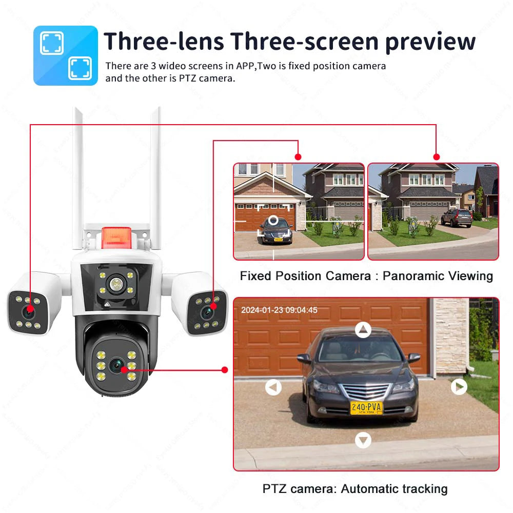 16MP 8K Wifi Security Cameras Four Len Three Screens 10X Zoom Outdoor Zpaxo