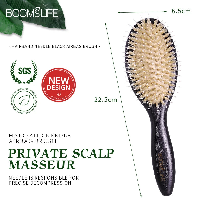 BOOMSLIFE Custom Name Boar Bristle Hair Brush Mix Nylon USA Oak Wood Black Color Handle Hairbrush Women Scalp Massage Hair Comb Zpaxo
