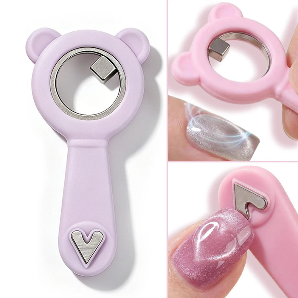 Dual-Head Silicone Bear Black Hole Cat Eye Magnet Dual Design Love Hollow Ring Shape Strong Magnetic Manicure Styling Tool Zpaxo Purple-1Pc