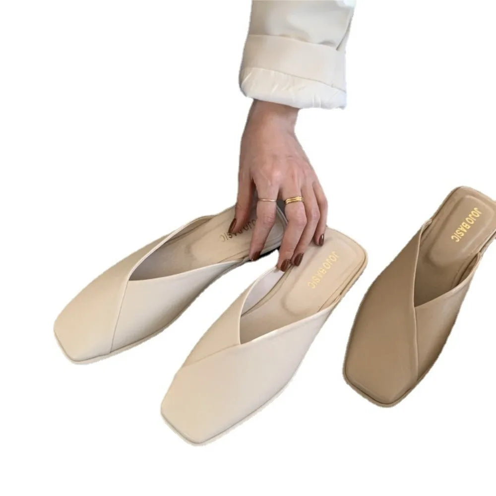 Women Mules 2025 Summer Elegant Square Closed Toe Flat Slippers