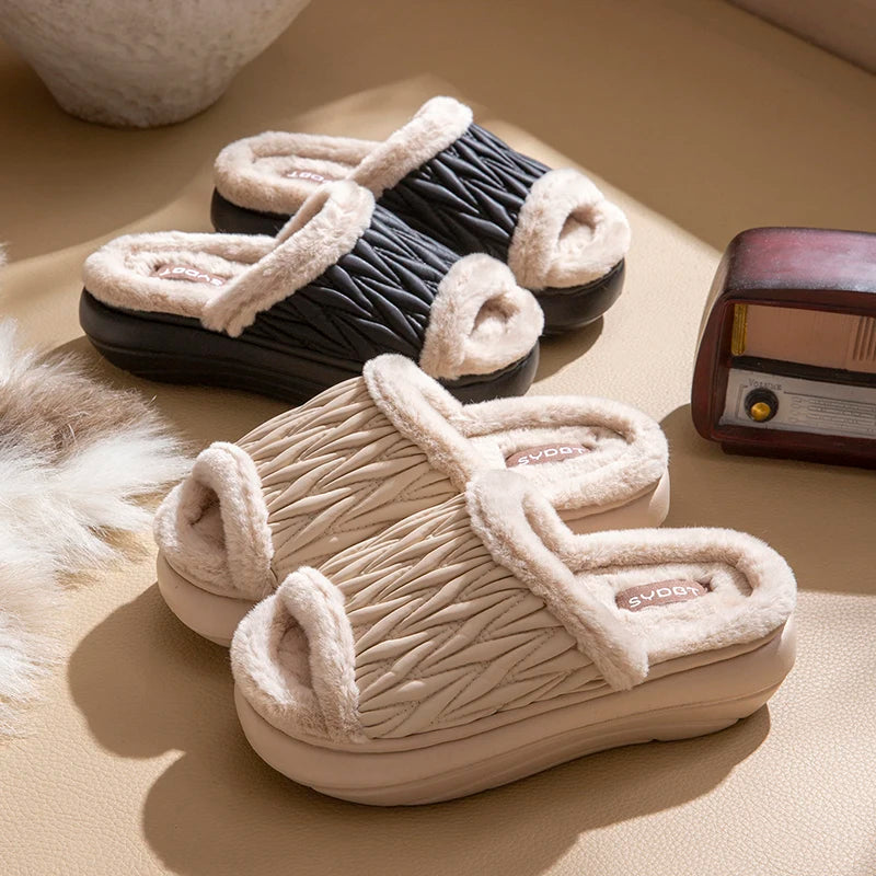 Winter Quilted Furry Open Toe Slippers Unisex Men Women Thick Sole