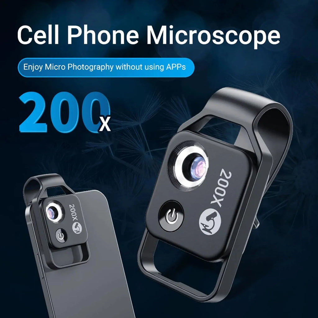 200X Zoom Phone Mini Pocket Microscope CPL Lens LED Light Mobile