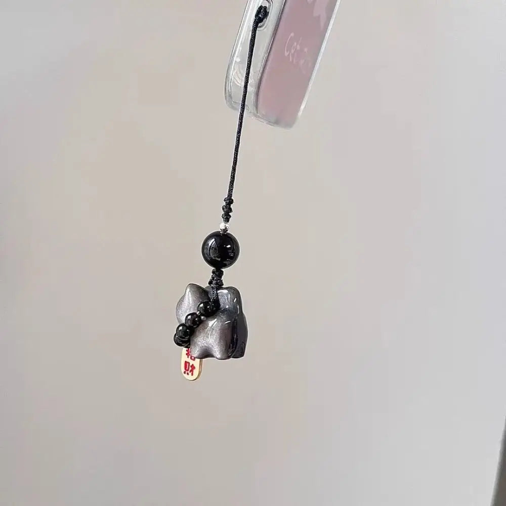 Silver Obsidian Cat Lucky Keychain Bag Charms Hanging Braid Rope Zpaxo