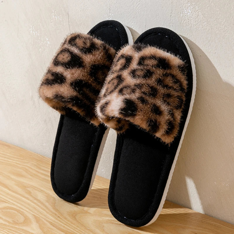 Women's Leopard Print Plush Slippers Home Non-slip Sole Soft Zpaxo Coffee 38-39