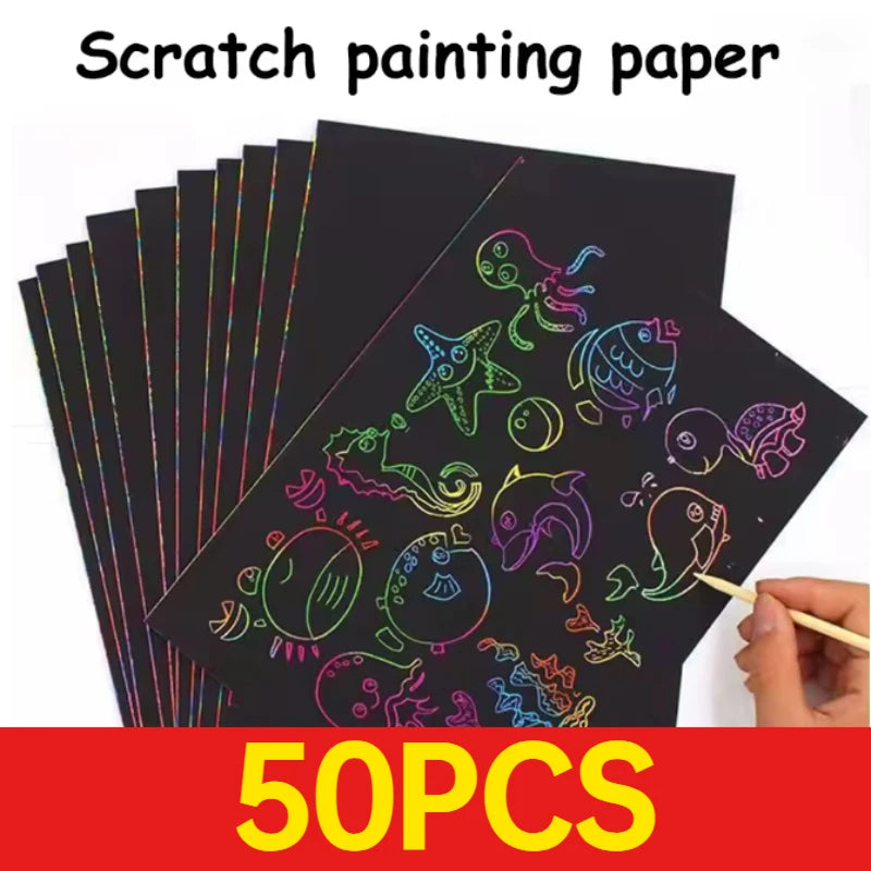 50 pcs Scratch Paper Kids Rainbow Magic Scratch Off Paper Sheets Art Craft Kit Black Note Paper Drawing Pads with Stencils Zpaxo
