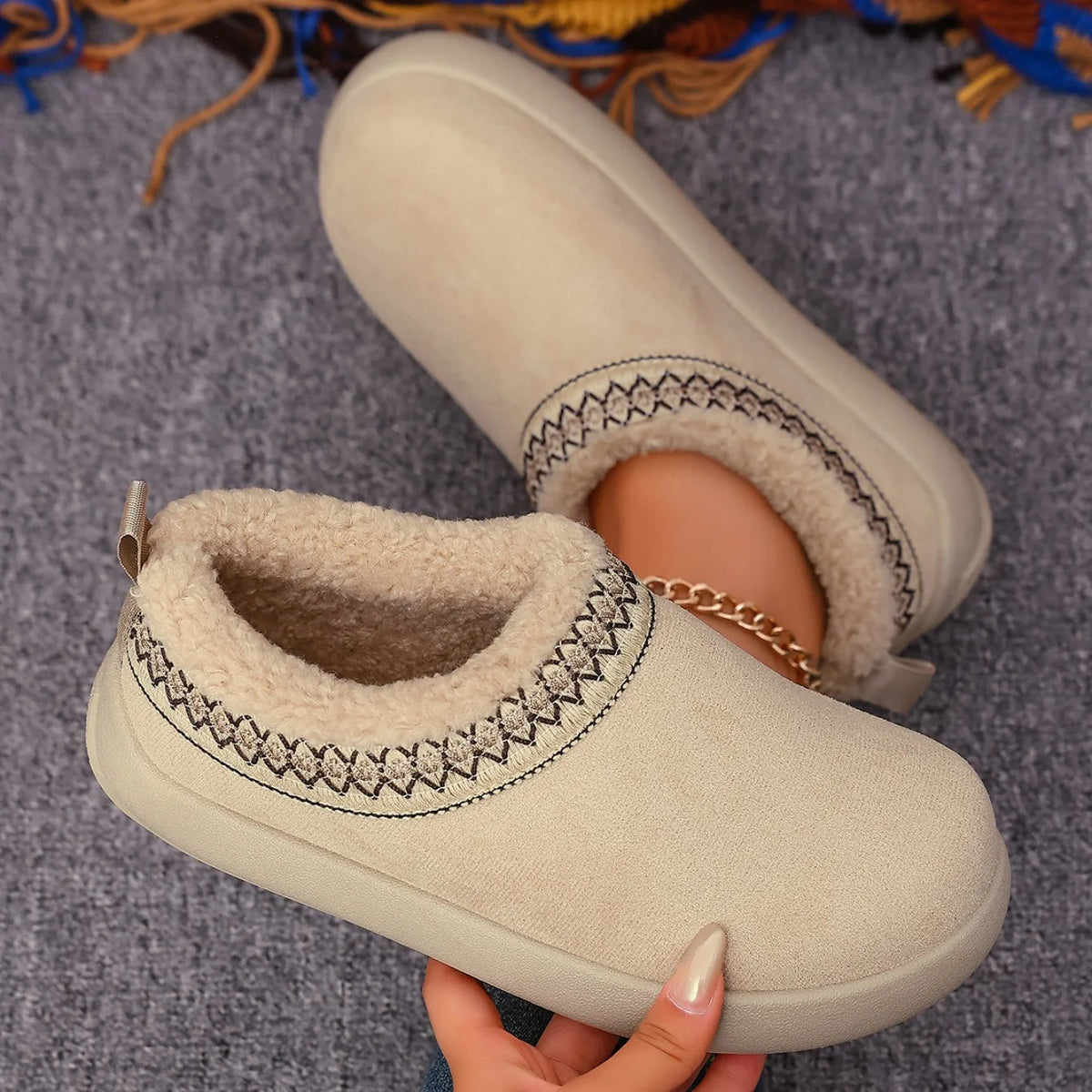 Snow Boots Women Winter Warm Thick Soles Women Shoes Without Heel-covered Hair Half Slippers Cotton Shoes Cashmere Warm Boots Zpaxo Beige 39