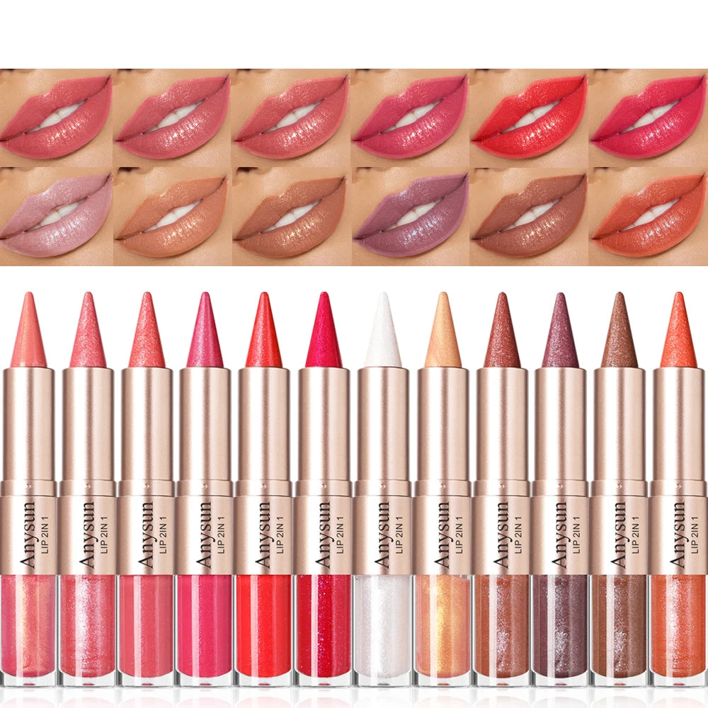 Double Head 2-in-1 Lip Liner+lip Gloss Waterproof Durable Fine Shiny