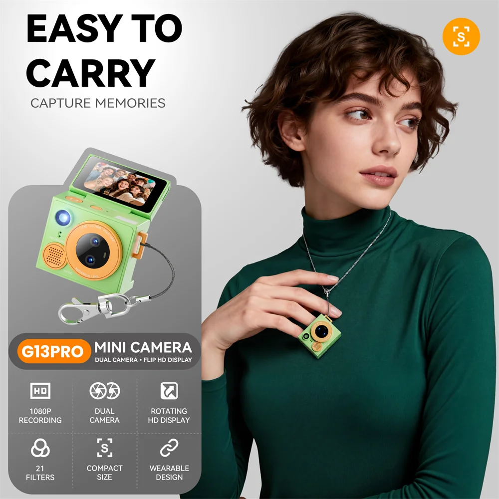 G13 Digital Camera 180° Flip Screen Selfile Keychain Camera Retro Support Memory Card HD Very Small Camcorder Video Recorder New Zpaxo G13 Pro Green Camera Add 8G