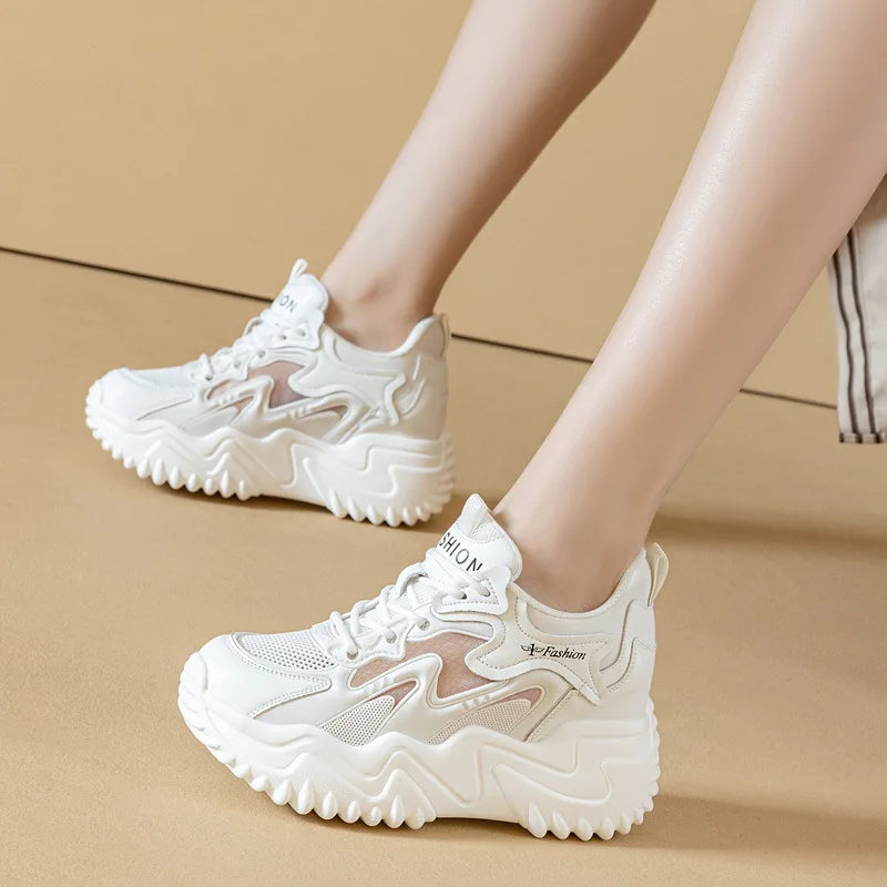 White Mesh Leather Chunky Dad Sneakers Women Lace Up Design Round Toe Zpaxo