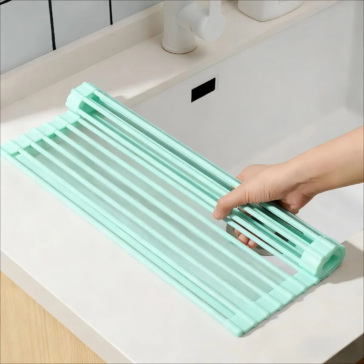 Silicone Kitchen Sink Drain Rack Foldable Roll Up Dish Drying Rack Over The Sink Filter Grid Drain Basket Countertop Draining Ma Zpaxo green