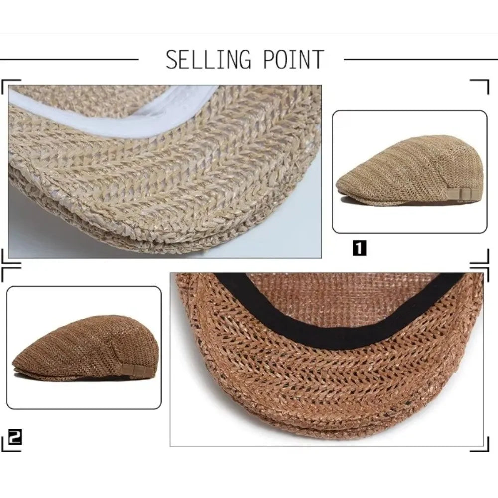 Casual Hollow Design Straw Beret Adjustable Sun Protection Newsboy Cap Breathable Ivy Cap Unisex Zpaxo