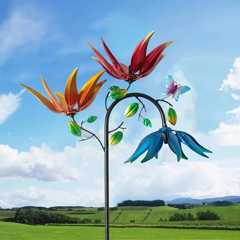 Metal Wind Spinner Flowers Butterflies Three Rotating Flower