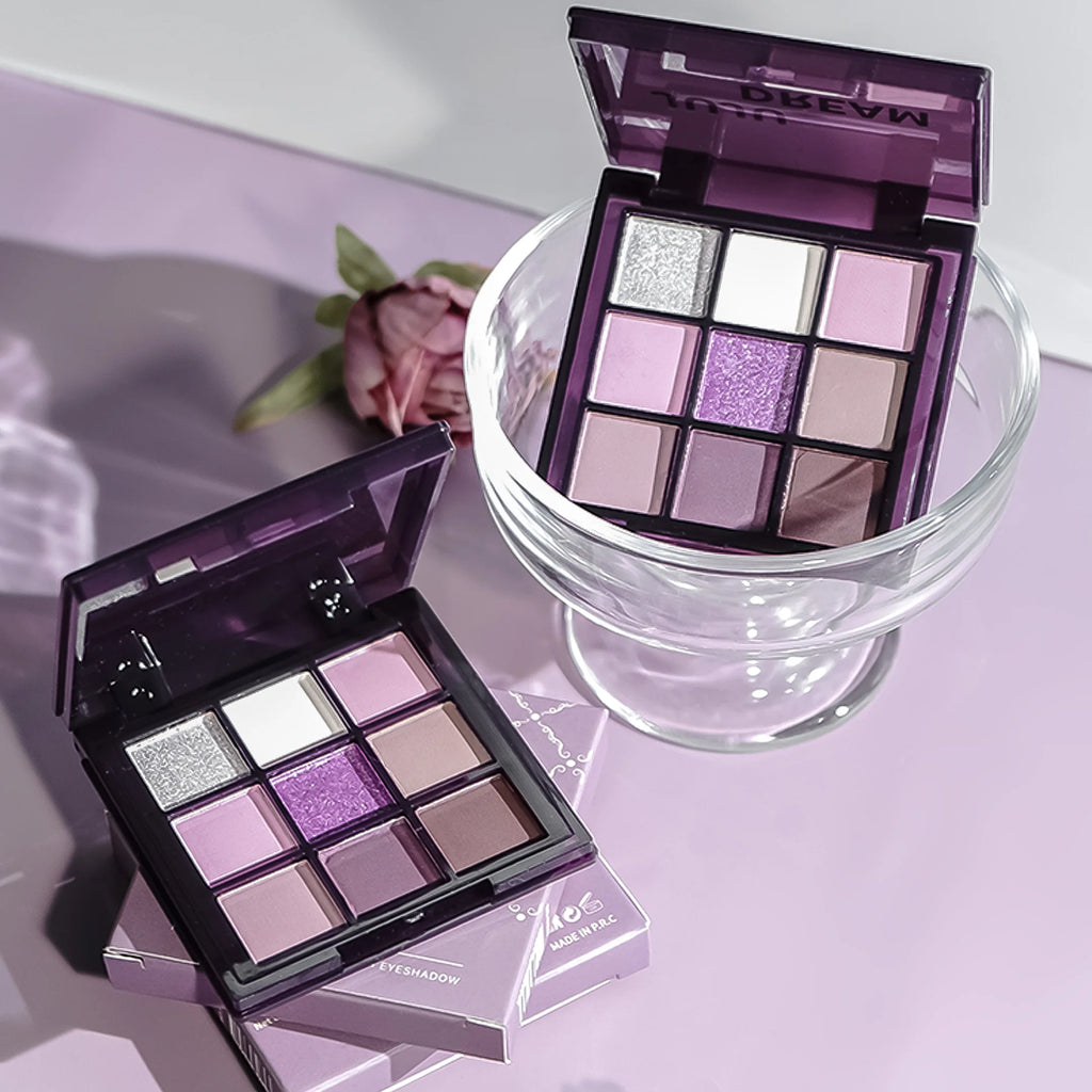 Eyeshadow palette, nine shades of smoky, matte, pearlescent, fine dark purple glitter, affordable makeup Zpaxo