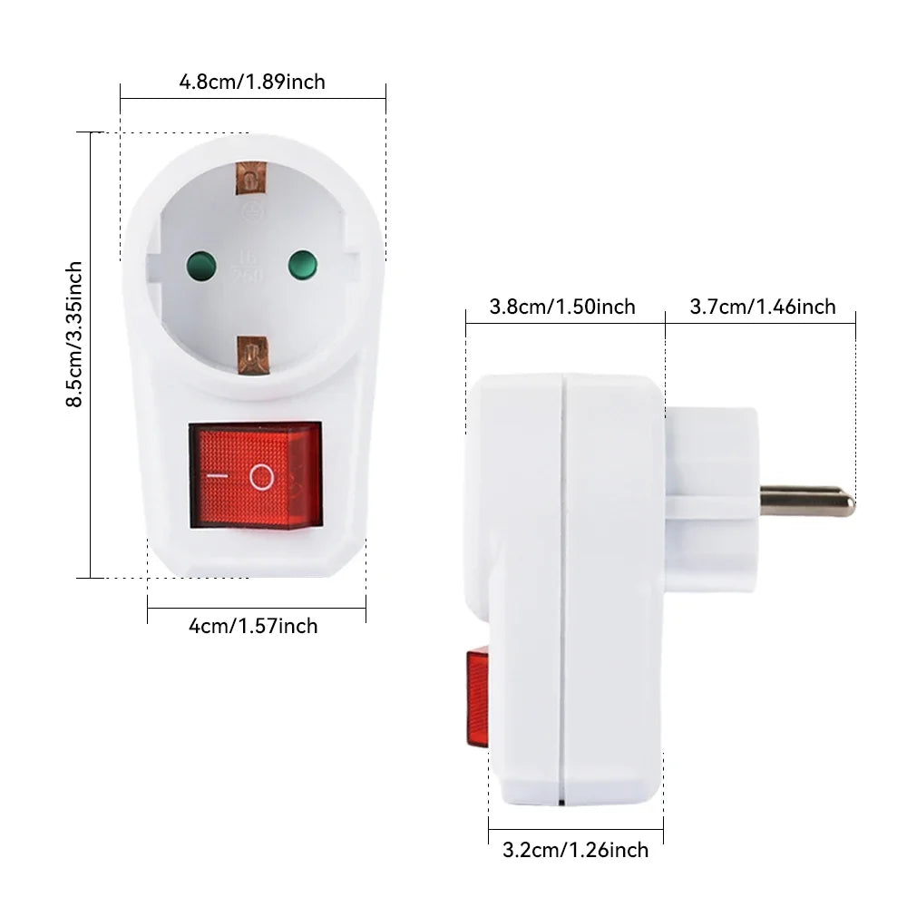 EU Plug Adapter with Switch & Neon Light – 16A 250V European Socket EU Plug Adapter Zpaxo