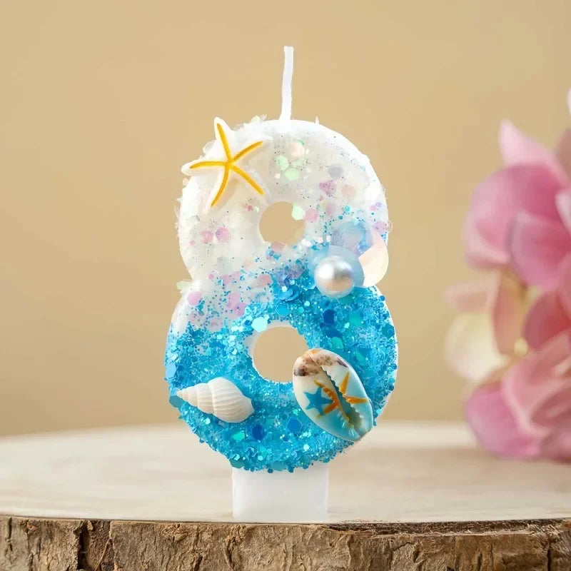 Ocean-themed Blue White Glitter Number Birthday Candles Seashell Zpaxo number 8 B15040I