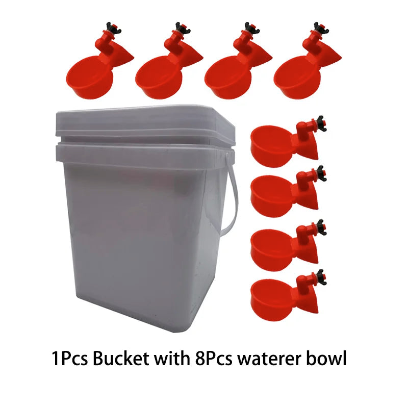 White Chicken Duck Goose Bucket Feeder Waterer 8 Auto-fill Cup 4 Port