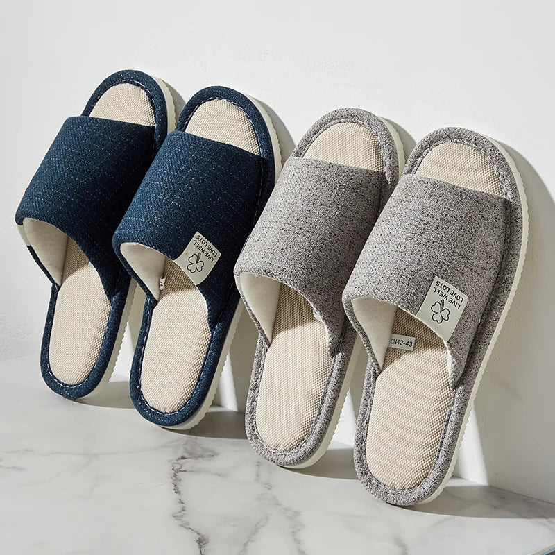 Men's Linen Slippers Breathable Open-toe Non-slip House Shoes