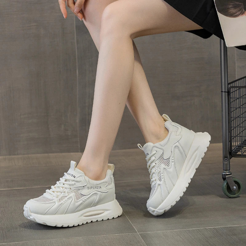 Women's Platform Chunky Sneakers Lace Up Design Sport Tag Detail Two Zpaxo 5556-3 Beige 34