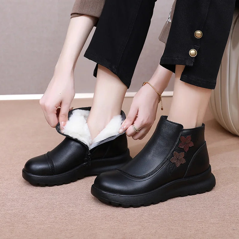 Black Leather Winter Ankle Boots Women Faux Fur Lining Floral Zpaxo