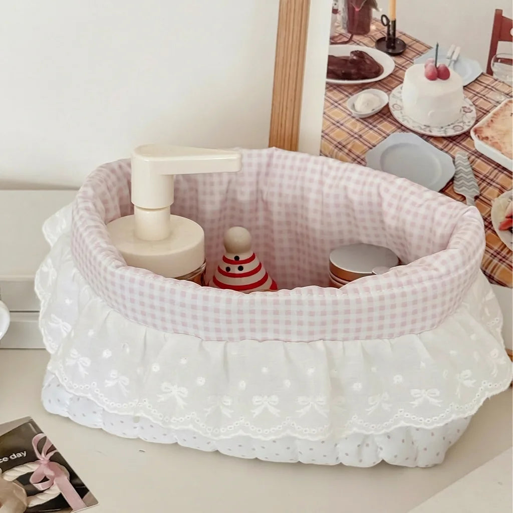 Cotton Fabric Storage Basket | Polka Dot Lace Ruffle Organizer